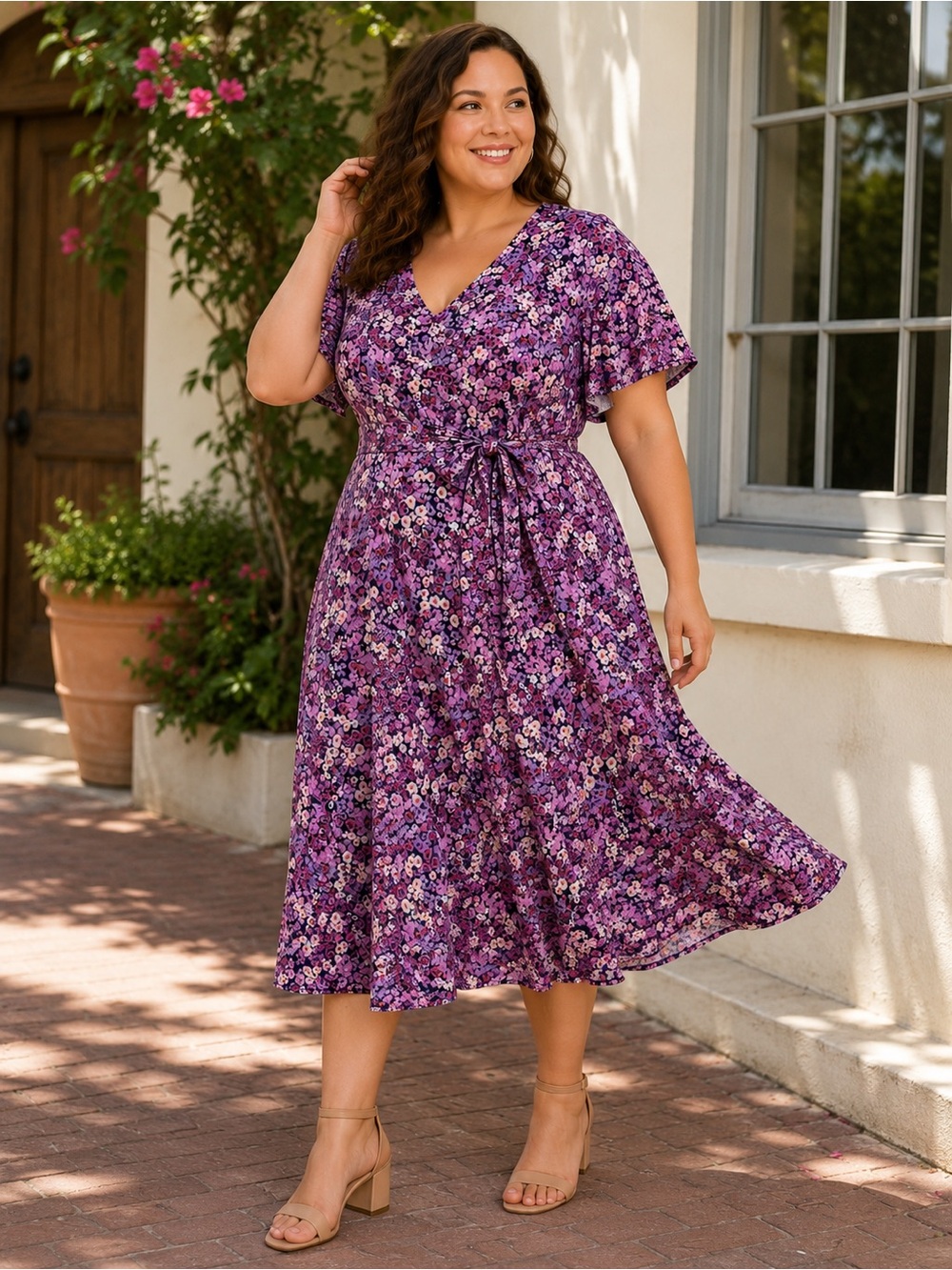 Lane Bryant 14 Purple Pink Floral Fit & Flare Midi Dress Tie Back Flutter Sleeve